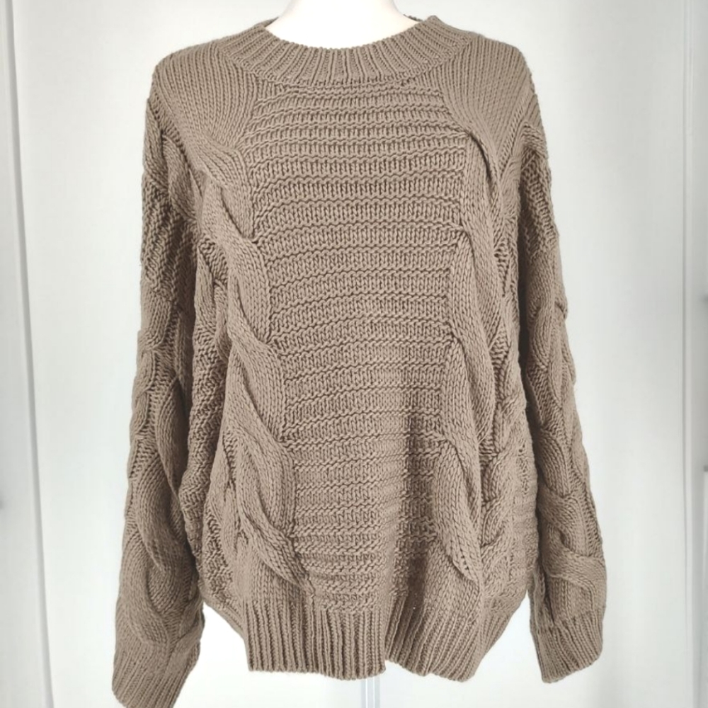 Zenana Ash Mocha Cable Knit Oversized Crew Neck Sweater With Bell Sleeves